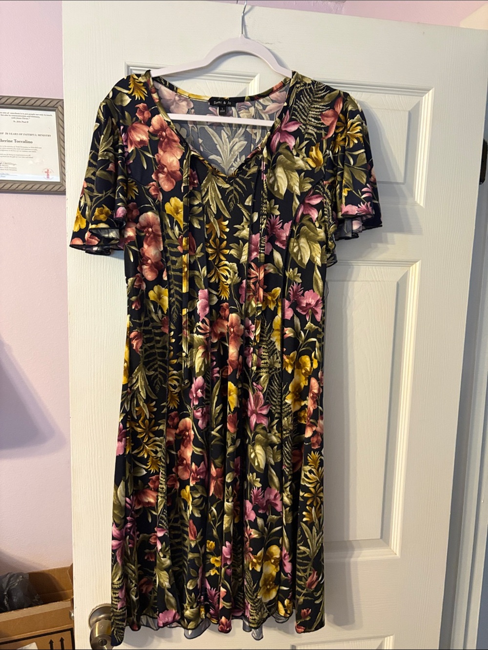 Sami & Jo Black Floral V-Neck Midi Dress with Pink & Yellow Flowers